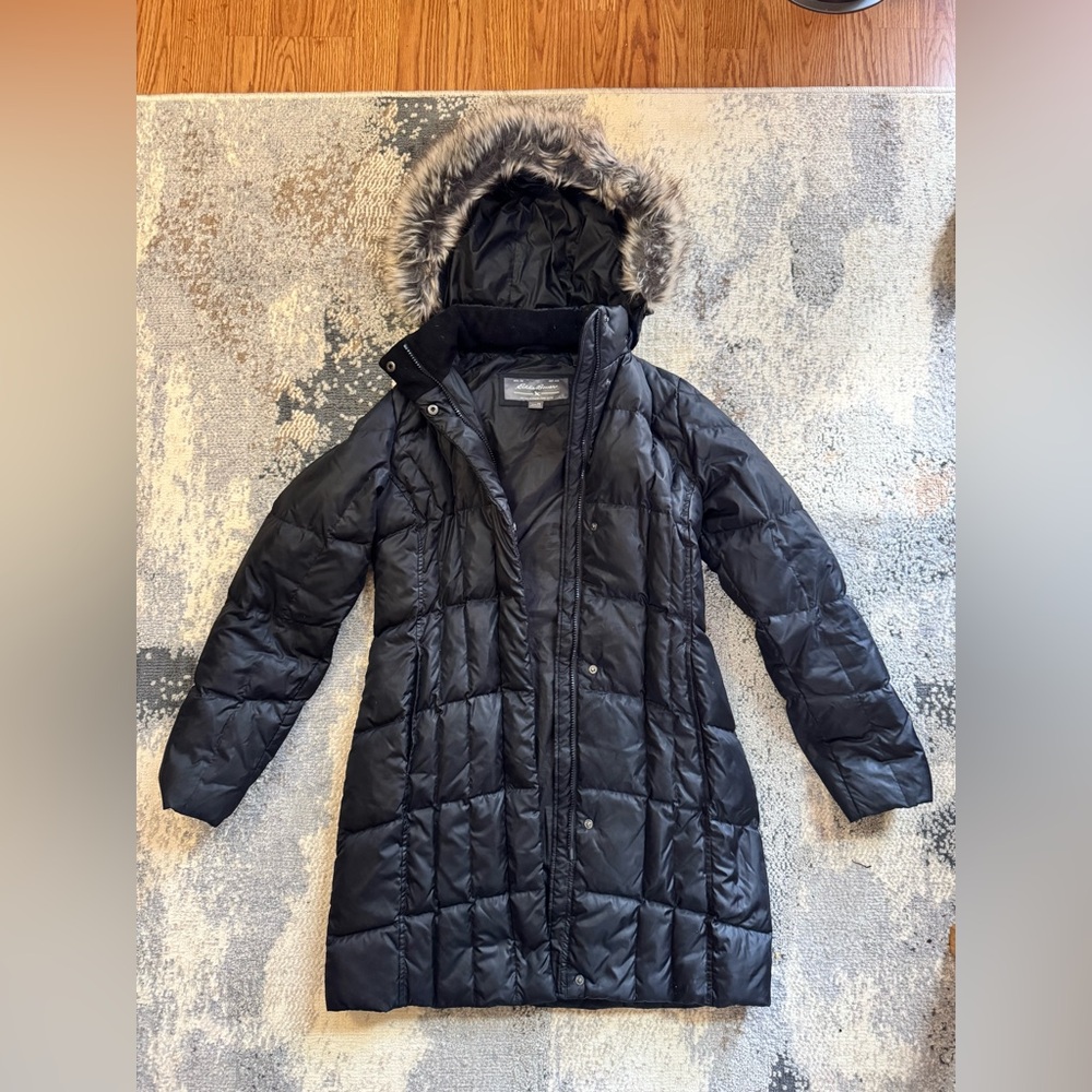 Eddie Bauer Black Down Coat with Faux Fur Hood